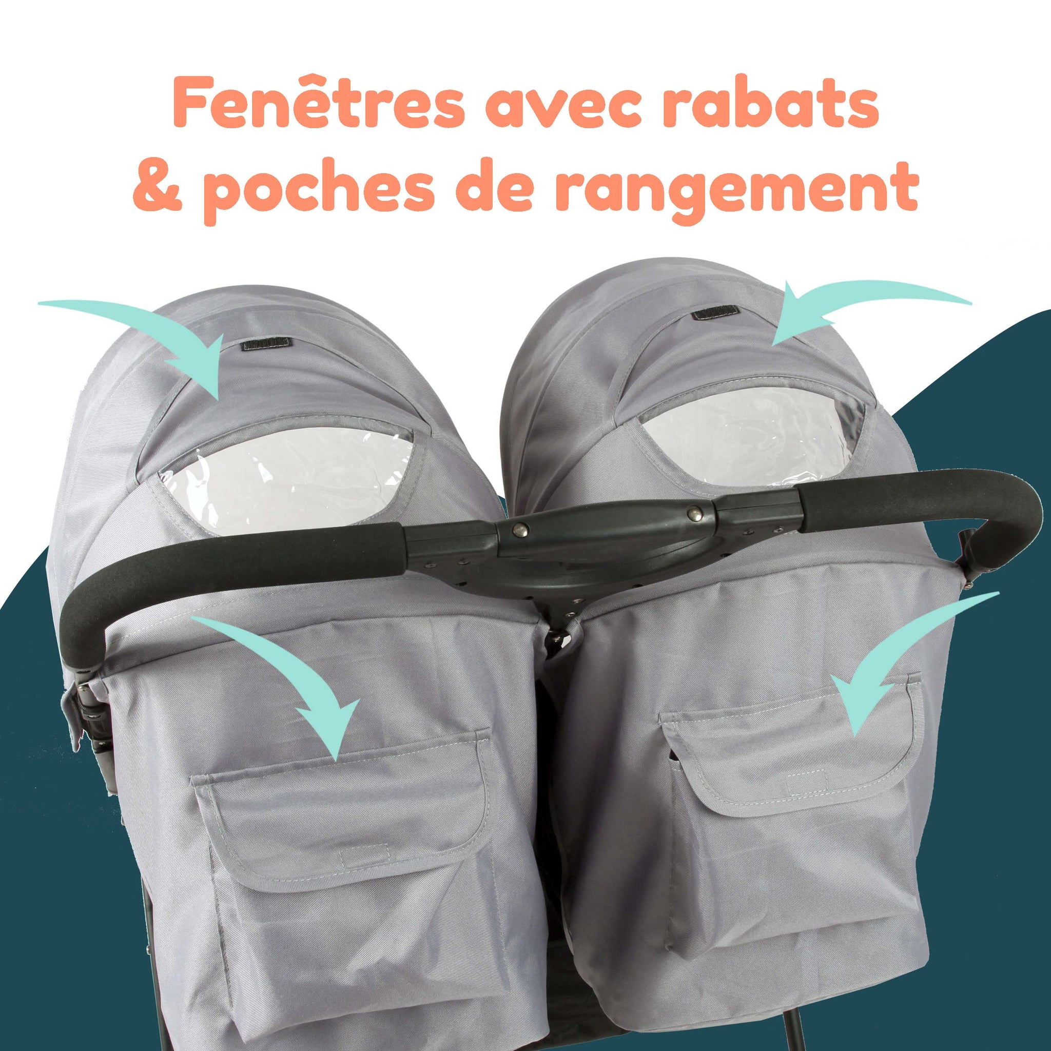 Poussette Double Bambisol - Gris Noir - Siège Naissance + 6 Mois - Pliage Facile - 14.1kg